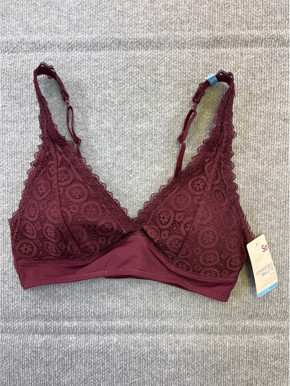 NWT SO Convertible Bralette Womens Size Large L Burgundy Wine Lace Bra Removable